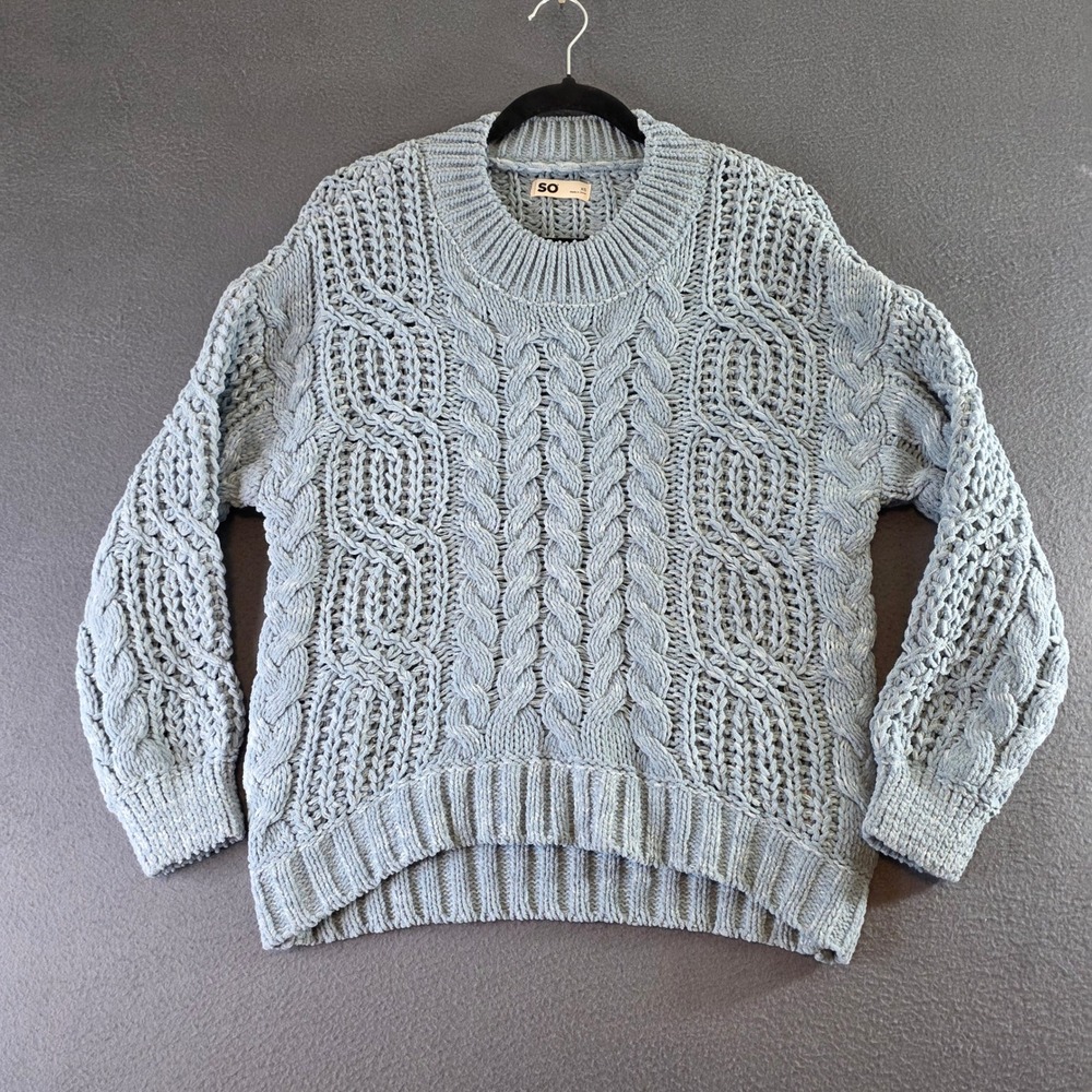 SO Womens Chunky Cable Knit Chenille Sweater Light Blue XS Relaxed Comfy Cozy